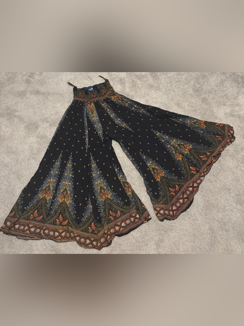Bohemian Wide-Leg Black Peacock Palazzo Pants One Size